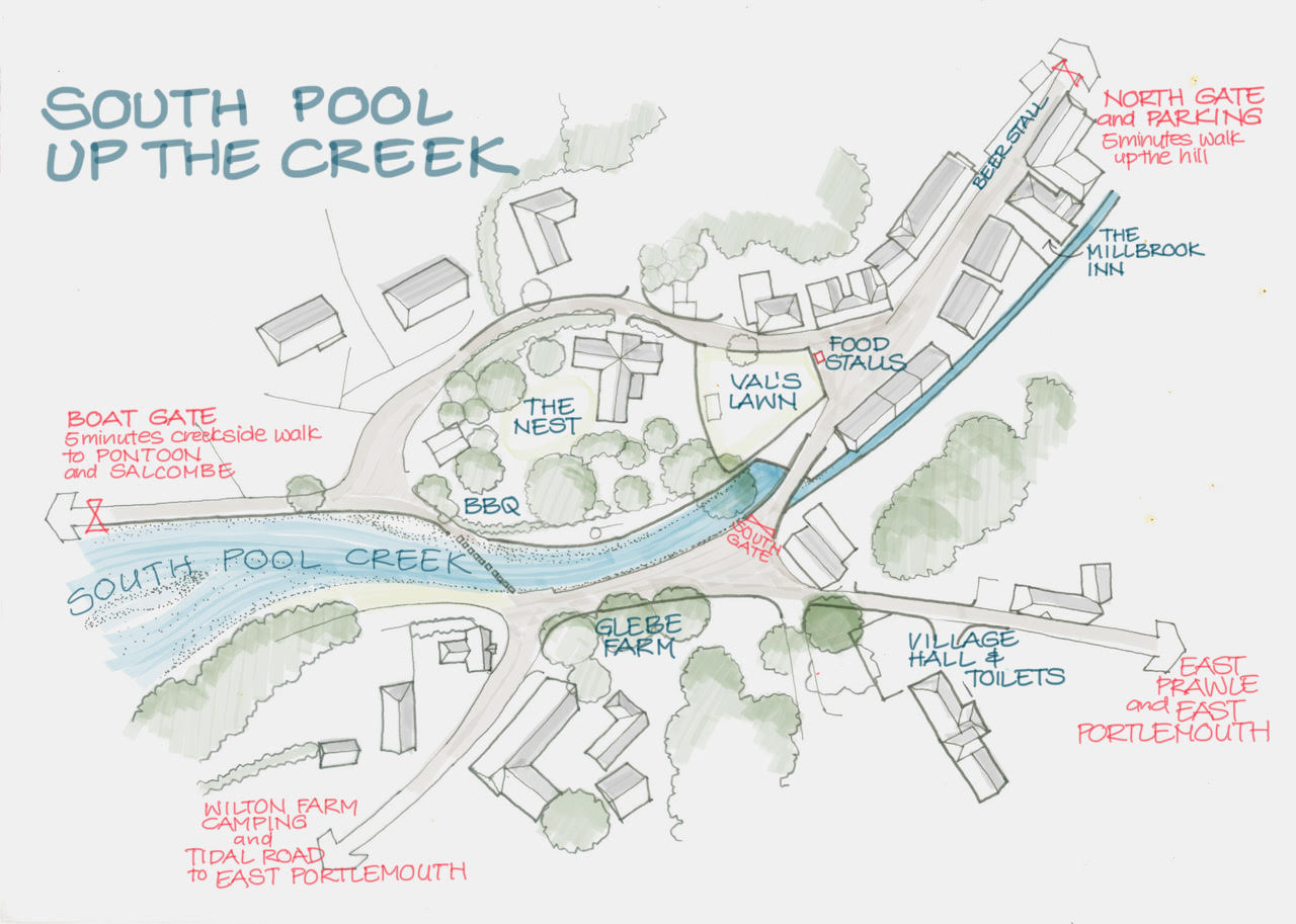 Hand-drawn map of South Pool showing the three entrance gates: North Gate and Parking, Boat Gate, and South Gate